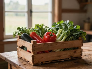 A rustic wooden crate filled with fresh seasonal vegetables sitting on a wooden table in a sunlit barn, soft natural lighting