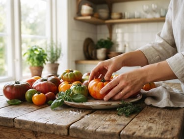 Hands arranging fresh heirloom tomatoes on a rustic wooden table in a sunlit Scandinavian-style kitchen, soft window light, 35mm photography
