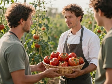 A chef in a clean apron talking to an organic farmer in a sunlit field, holding a basket of fresh heirloom tomatoes, warm editorial style