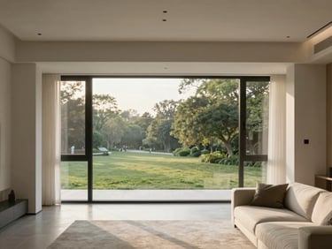 Architectural interior of a modern living room with large windows overlooking a green park, soft morning light, warm minimalist tones, 35mm lens.