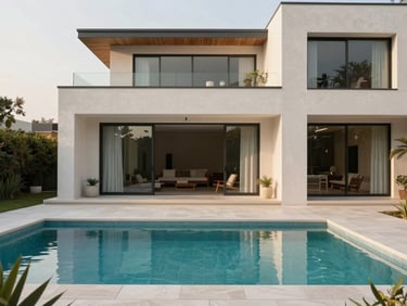 Architectural exterior of a modern villa with a private garden and swimming pool, soft morning light, warm minimalist tones, 35mm lens.