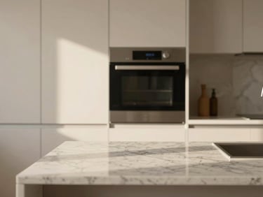 Architectural interior of a modern kitchen with high-end appliances, natural light, warm minimalist tones, close-up on a marble countertop, 35mm lens.