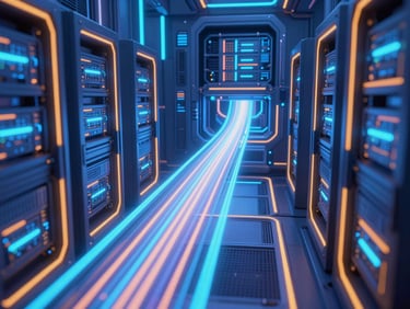 Vibrant digital 3D render of high-speed glowing data streams flowing through neon server racks, electric blue and saffron lighting, ultra-detailed tech aesthetic