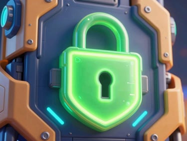Vibrant digital 3D render of a glowing neon green shield lock, cybernetic lighting, electric blue and saffron tones, ultra-detailed tech aesthetic