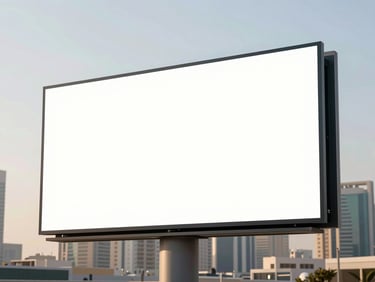 Wide architectural shot of a modern LED billboard seamlessly integrated into a Dubai cityscape at golden hour, clean lines, bright natural light, 35mm