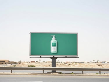 Panoramic view of a major highway in Cairo with a well-designed billboard featuring a product, bright high-key daylight, minimalist composition, 35mm