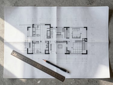 Overhead flat lay of a large-format architectural blueprint spread on a concrete desk, a metal ruler and a mechanical pencil resting diagonally across the lower third, cold north-facing daylight from the left, structural grid lines visible in the drawing, no people, no branding, precise and technical atmosphere