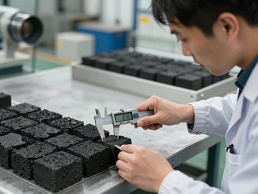 Daylight factory floor shot of a quality control inspector measuring charcoal briquette dimensions with a digital caliper, clean industrial setting.