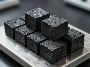Close-up shot of uniform geometric charcoal briquettes stacked neatly on a steel laboratory scale, bright side-lighting highlighting the clean non-crumbly texture, clinical black background.