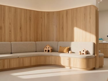 Wide panoramic view of a children's dental clinic corner with curved oak wood panels, soft beige textiles, and minimalist wooden toys bathed in warm morning light.