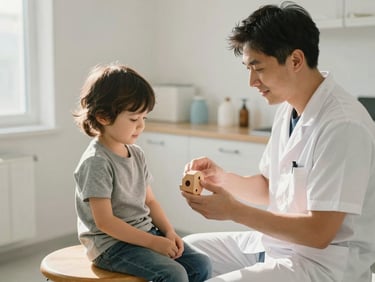 Eye-level shot of a pediatric dentist sitting on a low wooden stool, showing a wooden toy to a relaxed child, soft warm daylight, natural expressions, no clinical scrubs.