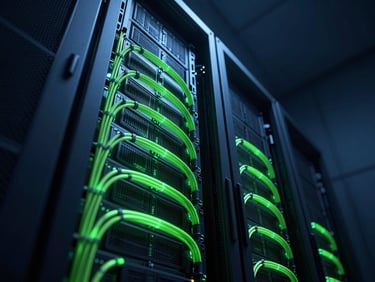 Low-angle dramatic shot of glowing server racks inside a dark data center, neon green fiber optic cables, midnight blue atmosphere, high contrast