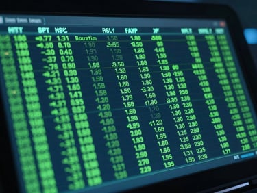 Close-up of a futuristic terminal screen displaying real-time financial data streams, glowing green code lines, dark cybernetic interface