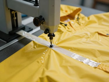 An automated hot-air seam-sealing machine applying waterproof tape to a heavy-duty yellow industrial raincoat seam.
