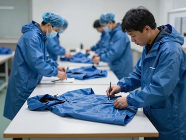 Workers in clean blue uniforms performing quality control inspection on finished raincoats at a bright inspection table.