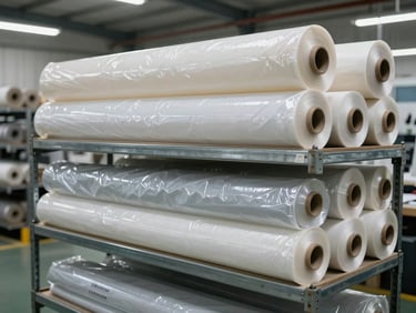 Rolls of raw technical Taslan and PVC fabrics stacked neatly on steel shelves in a bright, modern factory warehouse.