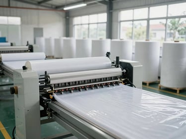 Wide environmental shot of a clean, bright raincoat manufacturing factory floor in Karanganyar, automated hot-air seam-sealing machinery in the foreground, rolls of raw technical fabric stacked neatly, natural daylight from high windows.