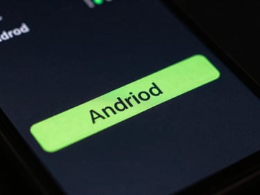 Macro shot of physical screen pixels on an Android device, showing sharp typography and high-fidelity interface details, neon green accents, dark background