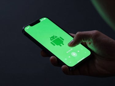 Tight over-the-shoulder shot of a hand interacting with an Android phone, displaying a seamless swipe animation with vibrant electric-green UI elements, low-key moody lighting