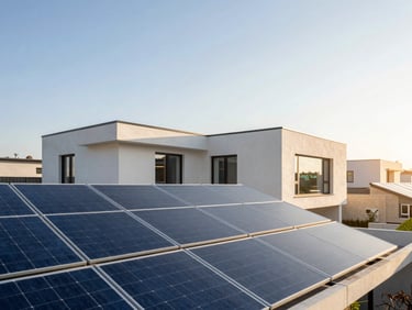 Architectural shot of a modern home with solar panels, a digital display showing net metering data, bright morning light, clean lines.