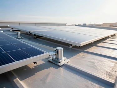 Close-up of secure, heavy-duty solar panel mounting brackets on a rooftop, showing robust construction, bright sunlight, clean blue tones.