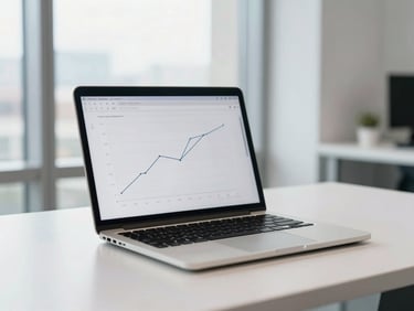 Clean modern office desk with a laptop displaying a simple line chart, soft natural window light, professional setting, 35mm photography