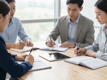 A collaborative meeting around a clean wooden table with open notebooks and a tablet, bright airy room, professional atmosphere