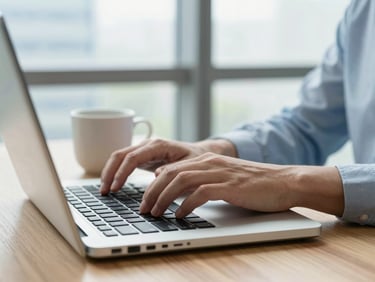 Close up of hands typing on a laptop next to a ceramic coffee mug on a wooden table, bright daylight, shallow depth of field