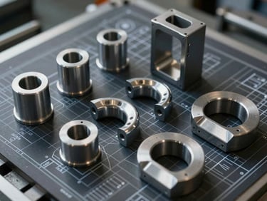 Complex multi-axis CNC wire forms and custom bent metal components arranged on a dark technical blueprint.
