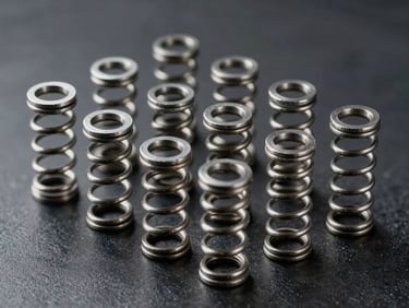 Neatly arranged array of heavy-duty steel compression springs on a dark technical background, high-contrast studio lighting.