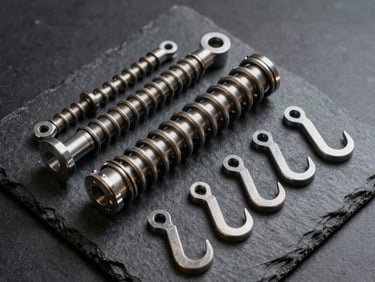 Torsion and tension springs with custom hook configurations laid out on a dark slate surface, metallic sheen.