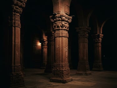 Low-key dramatic architectural detail of the Rashtrapati Bhavan sandstone columns in New Delhi, deep midnight shadows, subtle terracotta side-lighting, high-contrast editorial photography, 50mm, wide aspect.