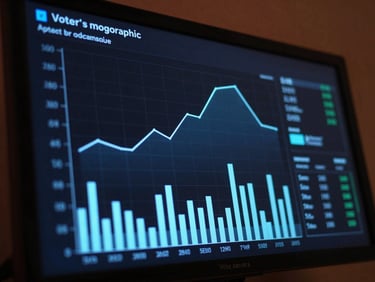 A high-tech digital dashboard displaying voter psychographic curves and bar charts, subtle Ashoka blue glow, macro angle, 50mm.