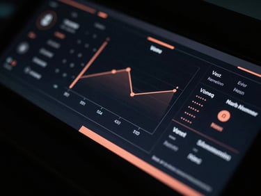 A macro close-up of a high-end digital dashboard, abstract geometric data visualizations showing voter sentiment match rates, low-key dramatic side-lighting, deep midnight-slate tones with subtle terracotta accents
