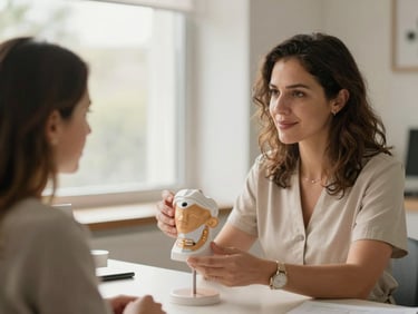 A warm-toned, professional consultation setting with Dra. Daniela explaining a digital model to a patient, soft natural window light, reassuring atmosphere.