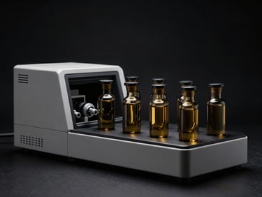 Wide panoramic laboratory scene, modern chromatography equipment, dark glass vials with sharp gold reflections, deep shadows, precise clinical atmosphere.
