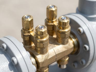 Tight macro shot of brass valves being connected to an industrial cylinder, high-vis gear visible in the frame, sharp focus, bright daylight.
