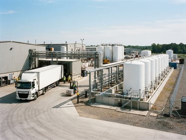 Wide shot of the facility with a delivery truck and neatly lined up white tanks under bright daylight, industrial utility focus, crisp documentary photography, 35mm lens.