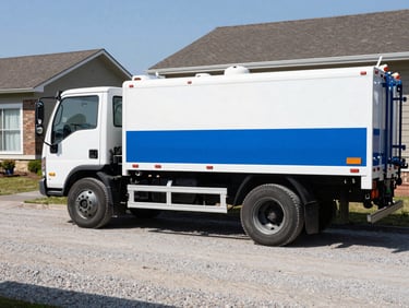 crisp documentary photography, bright outdoor daylight, high contrast, industrial utility focus, sharp focus, 35mm lens. Wide shot of a blue and white propane delivery truck parked on a gravel driveway next to a residential bulk tank.