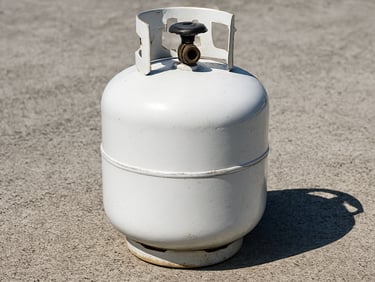 Close-up of a standard 20lb white propane tank sitting on concrete under bright outdoor daylight, industrial utility focus, crisp documentary photography.
