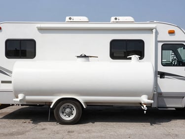 Wide shot of an RV parked next to a large white propane dispensing tank, bright daylight, high contrast, crisp documentary photography.