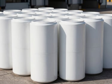 crisp documentary photography, bright outdoor daylight, high contrast, industrial utility focus, sharp focus, 35mm lens. Neatly lined up white commercial cylinders on an industrial loading dock under harsh sunlight.