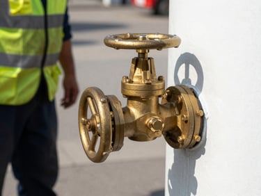 crisp documentary photography, bright outdoor daylight, high contrast, industrial utility focus, sharp focus, 35mm lens. Tight macro shot of heavy brass valves being connected to a white cylinder by a worker in high-vis gear.