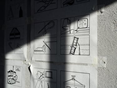 Extreme close-up of a high-contrast 35mm film shot of raw storyboards taped to a concrete wall, hard shadows, dramatic studio lighting