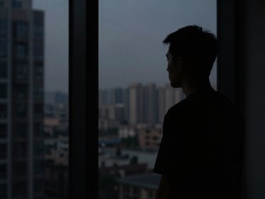 Sharp silhouette of a focused individual looking out a high window at a dark cityscape, high-contrast light and shadow
