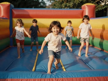 Blurred background of children joyfully bouncing on a large, colorful inflatable, focus on a child's smiling face, energetic and playful.