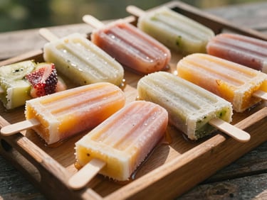 Assortment of vibrant, fruit-infused popsicles on a rustic wooden tray, melting slightly in warm sunlight, shallow depth of field.