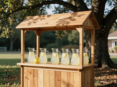 A beautifully crafted wooden lemonade stand outdoors under a shady oak tree, glass pitchers of fresh lemonade, warm summer sun