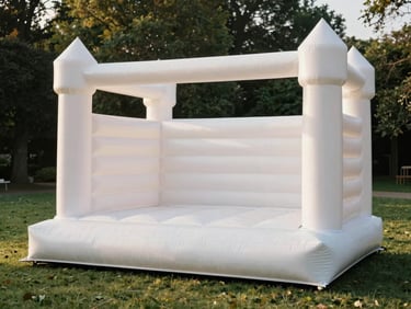 A clean, minimalist white bounce castle set up on a lush green lawn, soft afternoon light, elegant family event styling