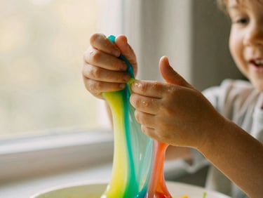Close-up of child's hands stretching vibrant, colorful slime, soft natural window light, shallow depth of field, joyful mess